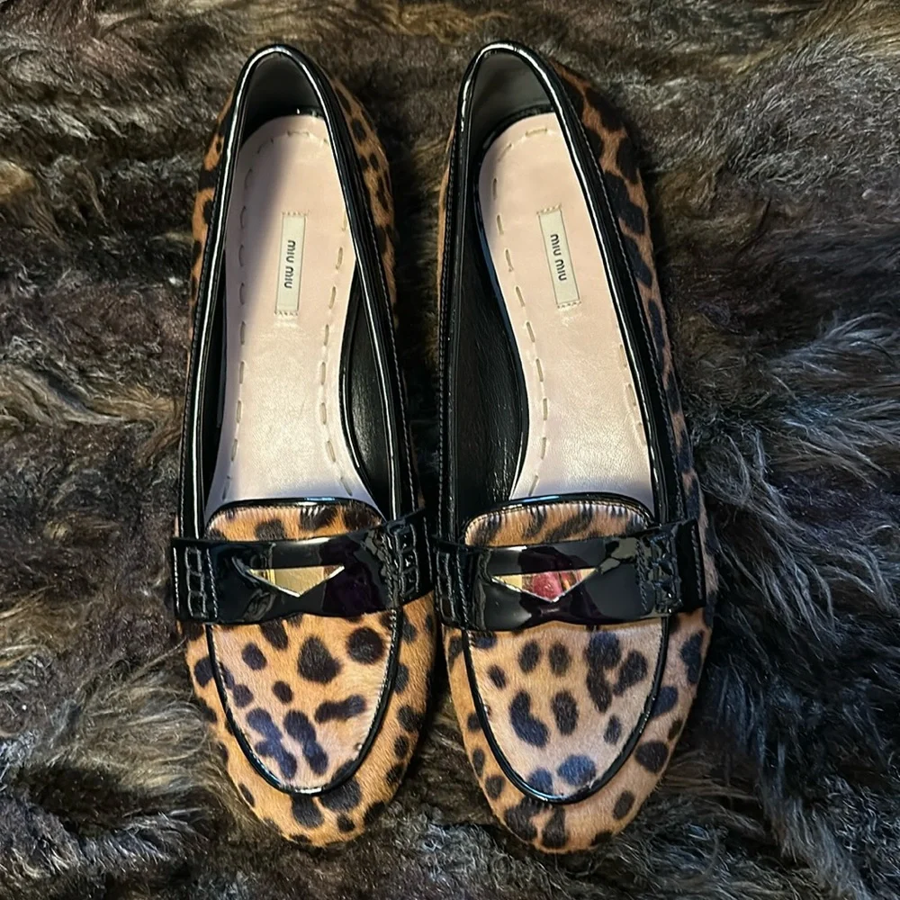 Miu Miu Leopard Calf Hair Loafers 40